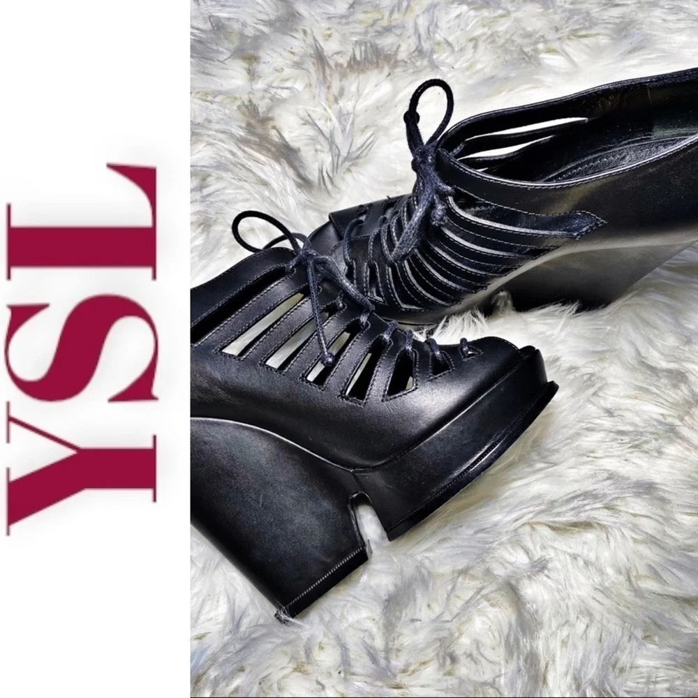 ❤️‍🔥❤️‍🔥❤️‍🔥 YSL Hortense Caged Lace Up Leather Wedge Booties, Size 6